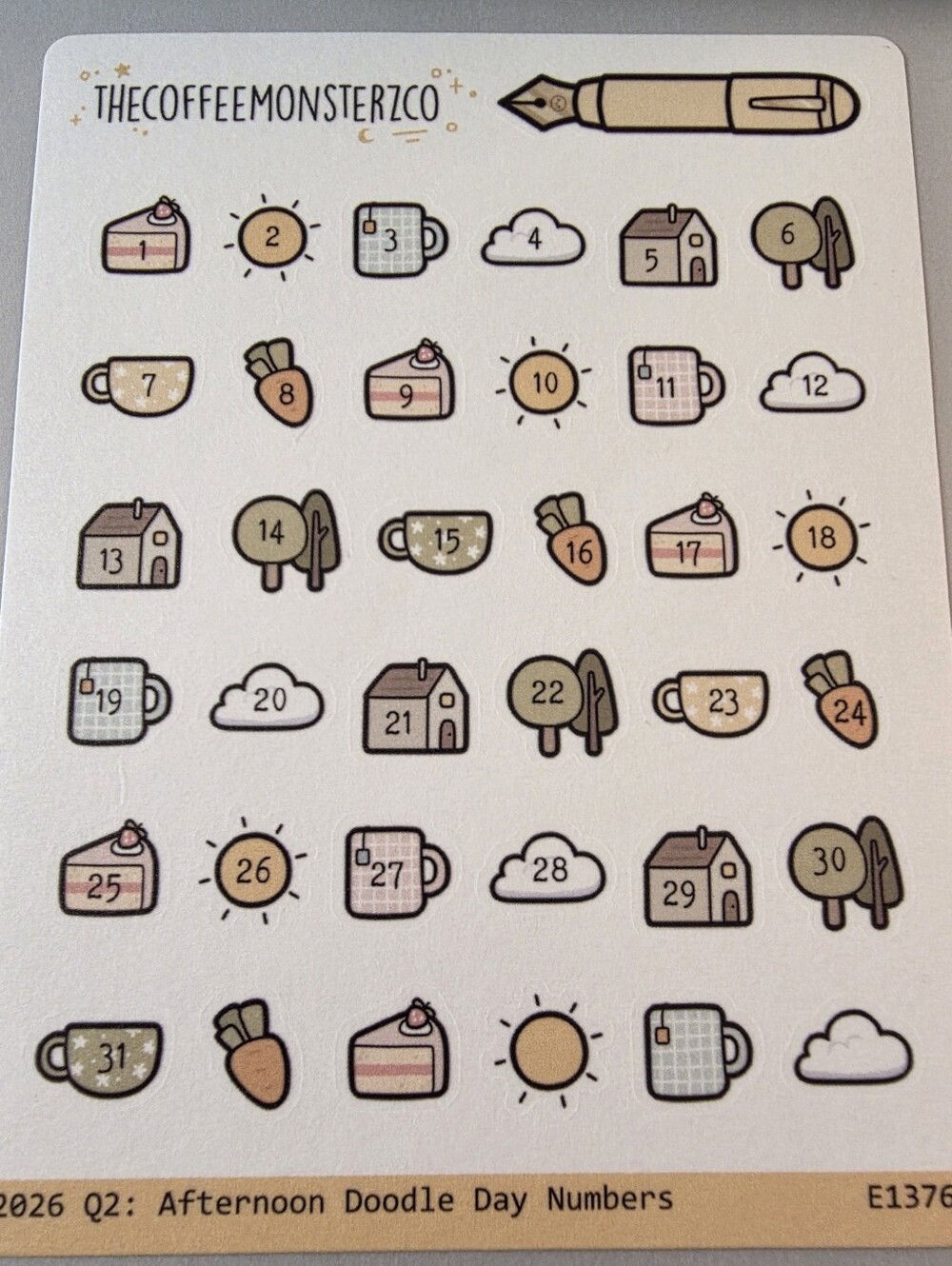 The Coffee Monsterz Co Afternoon Doodle Day Numbers Sticker Sheet - Pastel Icons